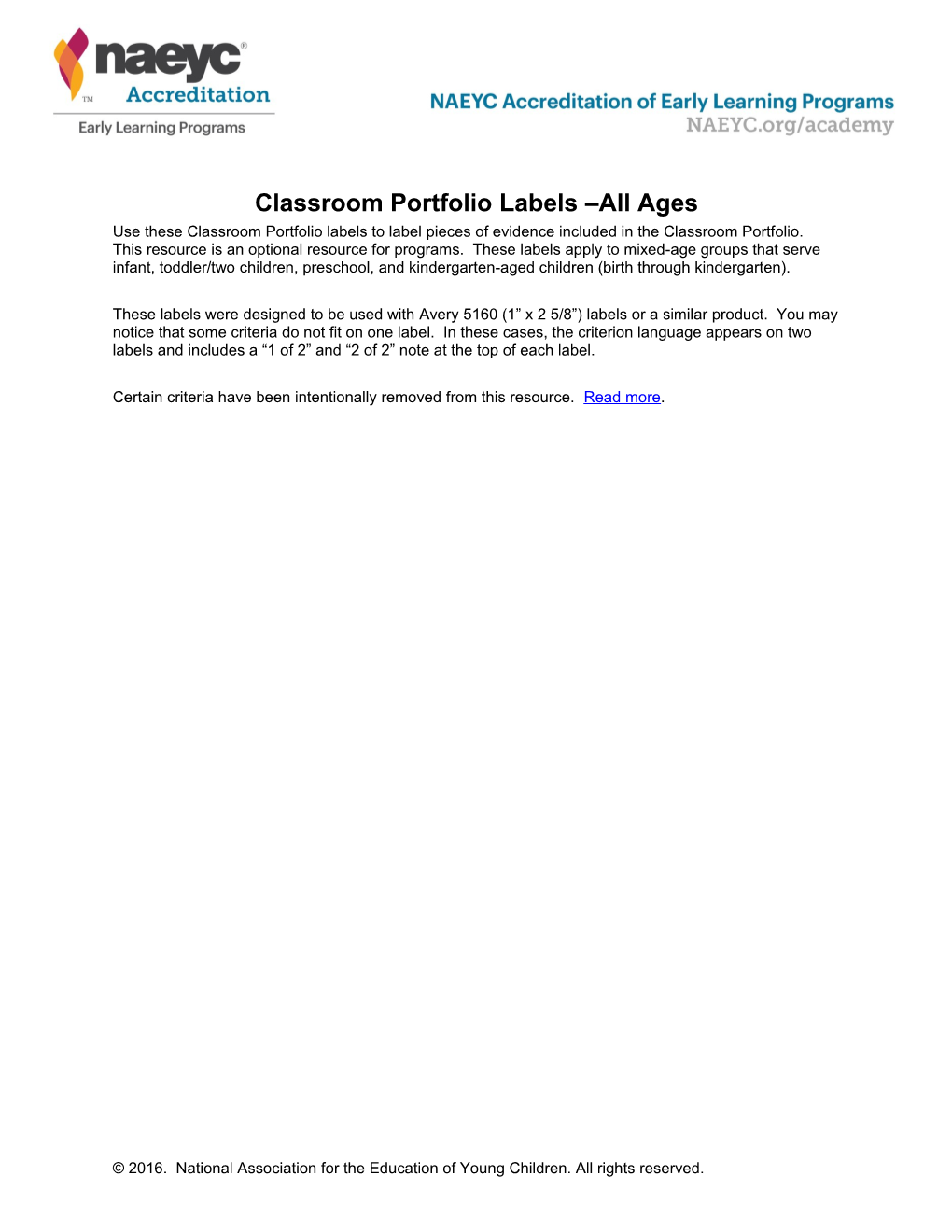 Classroom Portfolio Labels All Ages