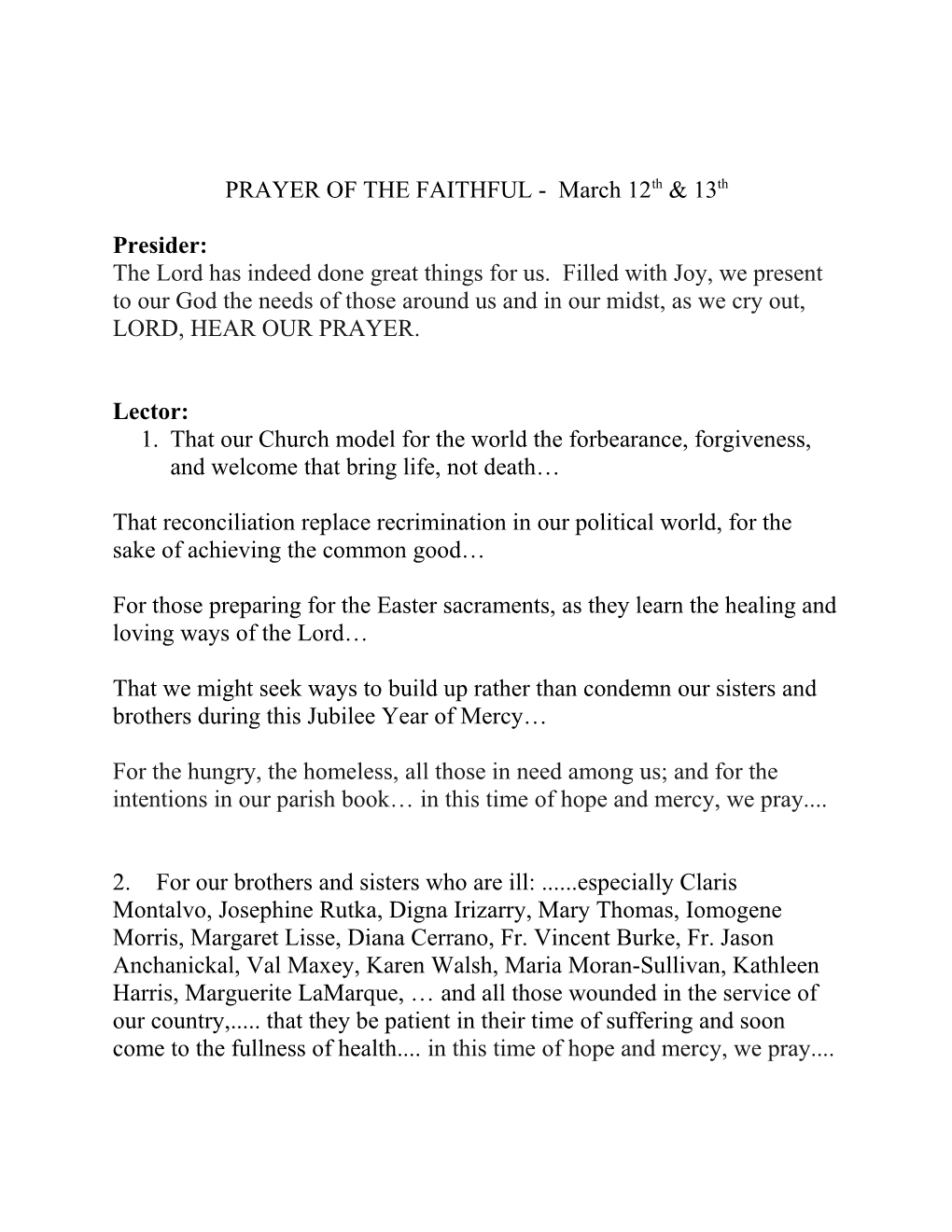PRAYER of the FAITHFUL - March 12Th13th