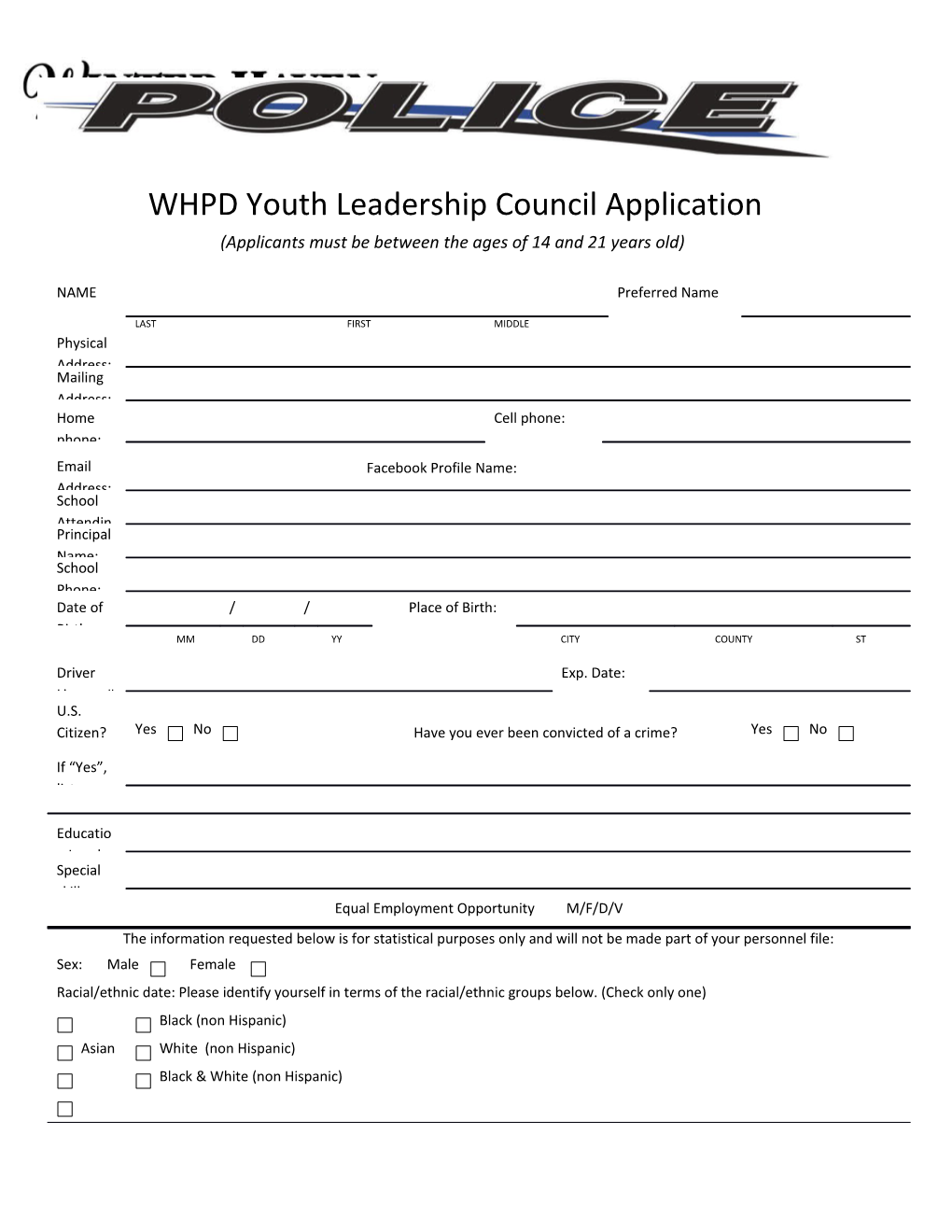 WHPD Youth Leadership Council Application