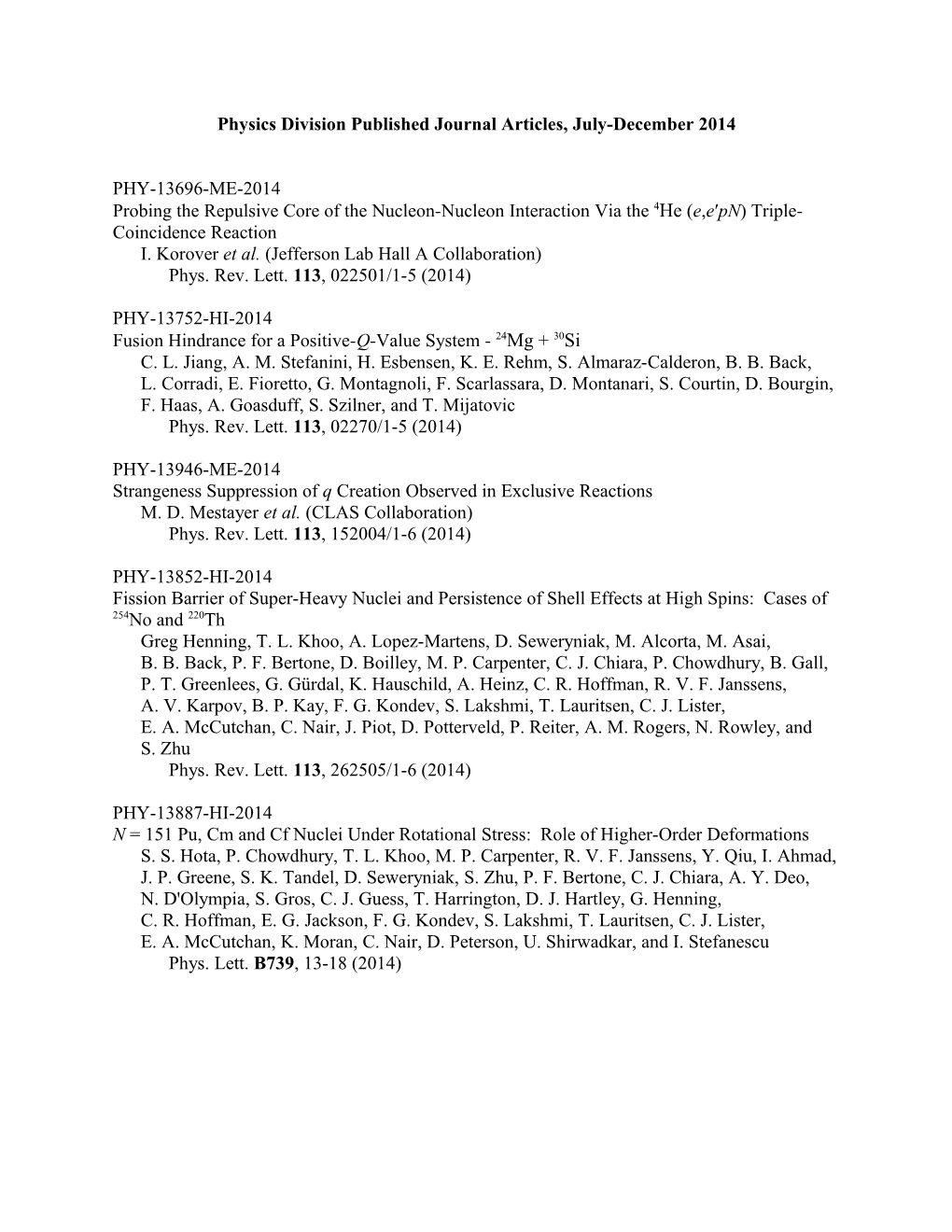 Physics Division Published Journal Articles, July-December 2014