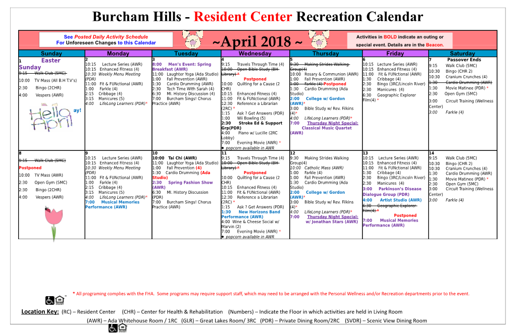 Burcham Hills - Resident Center Recreation Calendar