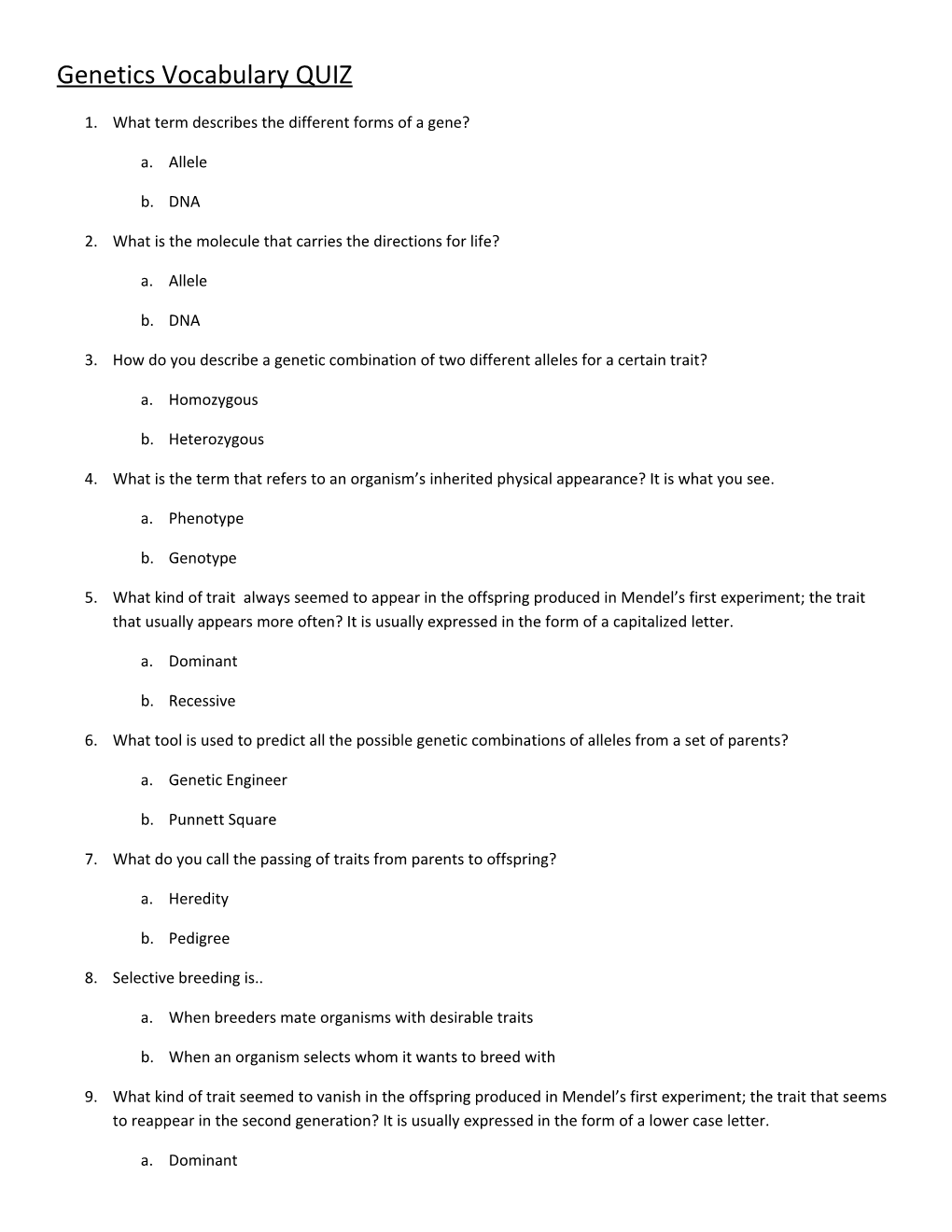 Genetics Vocabulary QUIZ