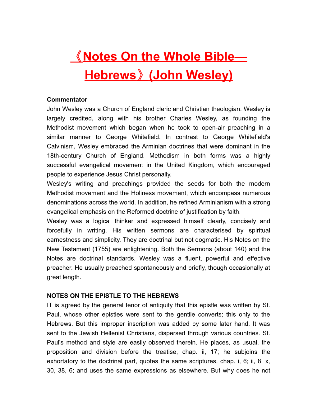 Notes on the Whole Bible Hebrews (John Wesley)