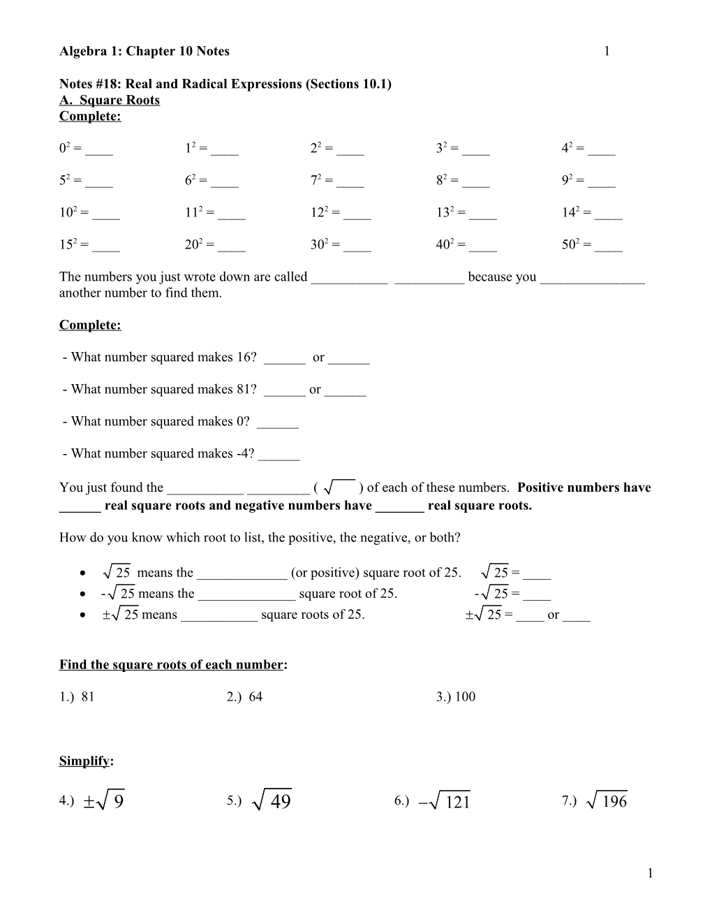 Notes #18: Real and Radical Expressions (Sections 10.1)