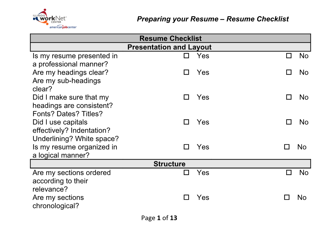 Resume Checklist Packet - Largeprint