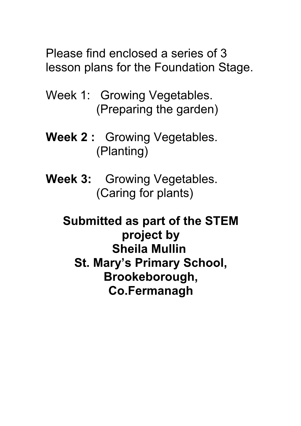 Lesson Plan Week 1 Growing Vegetables