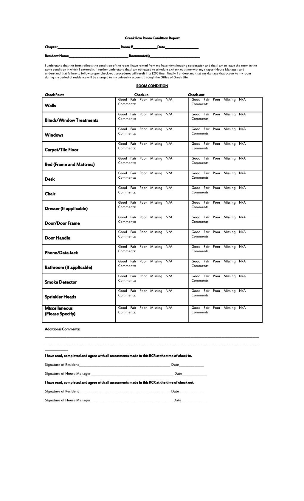 Greek Row Room Condition Report