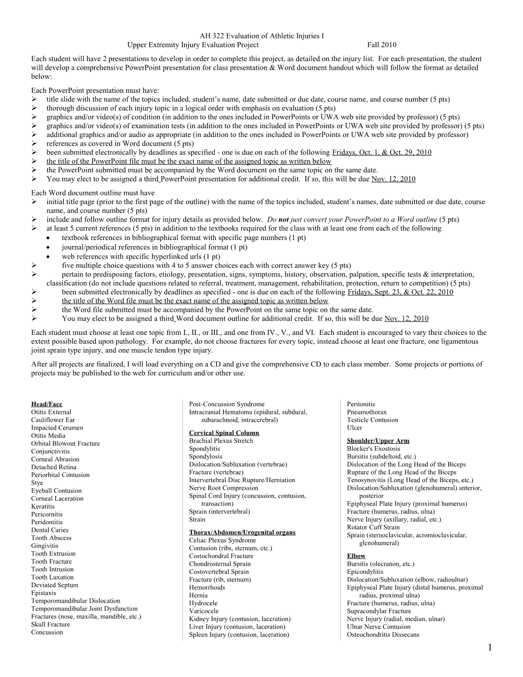 Upper Extremity Injury Evaluation Projectfall 2010