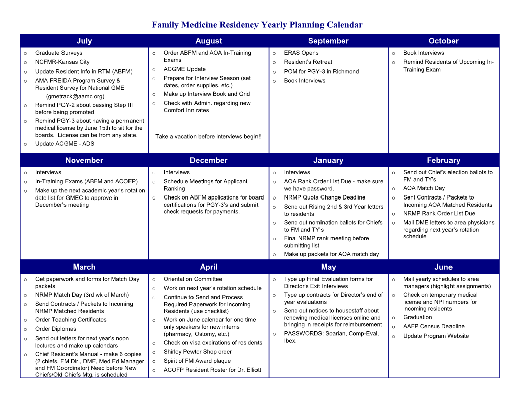 Family Medicine Residency Yearly Planning Calendar