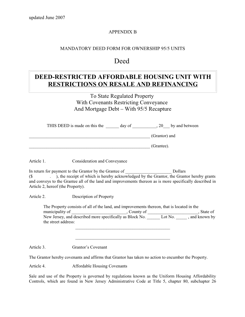 Mandatory Deed Form for Ownership 95/5 Units