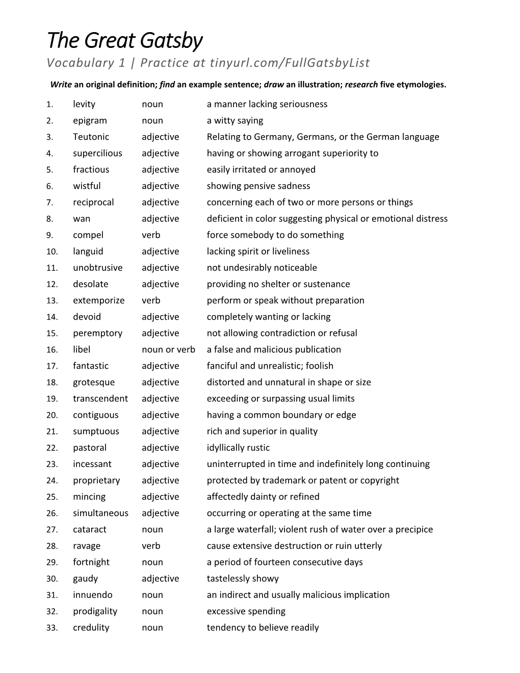 Vocabulary1 Practice at Tinyurl.Com/Fullgatsbylist