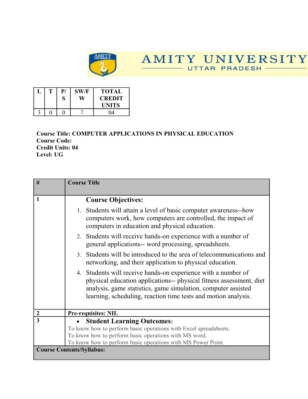 Course Title: COMPUTER APPLICATIONS in PHYSICAL EDUCATION