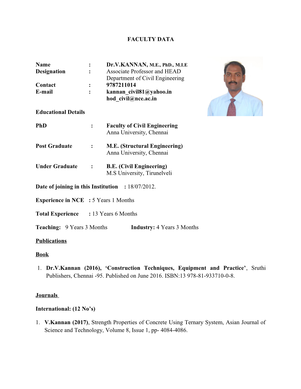 Name: Dr.V.KANNAN, M.E., Phd., M.I.E