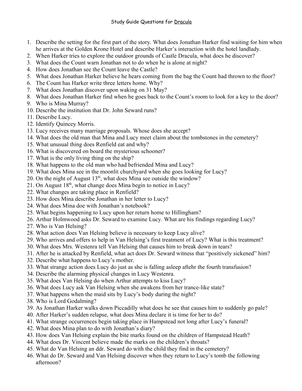 Study Guide Questions for Dracula
