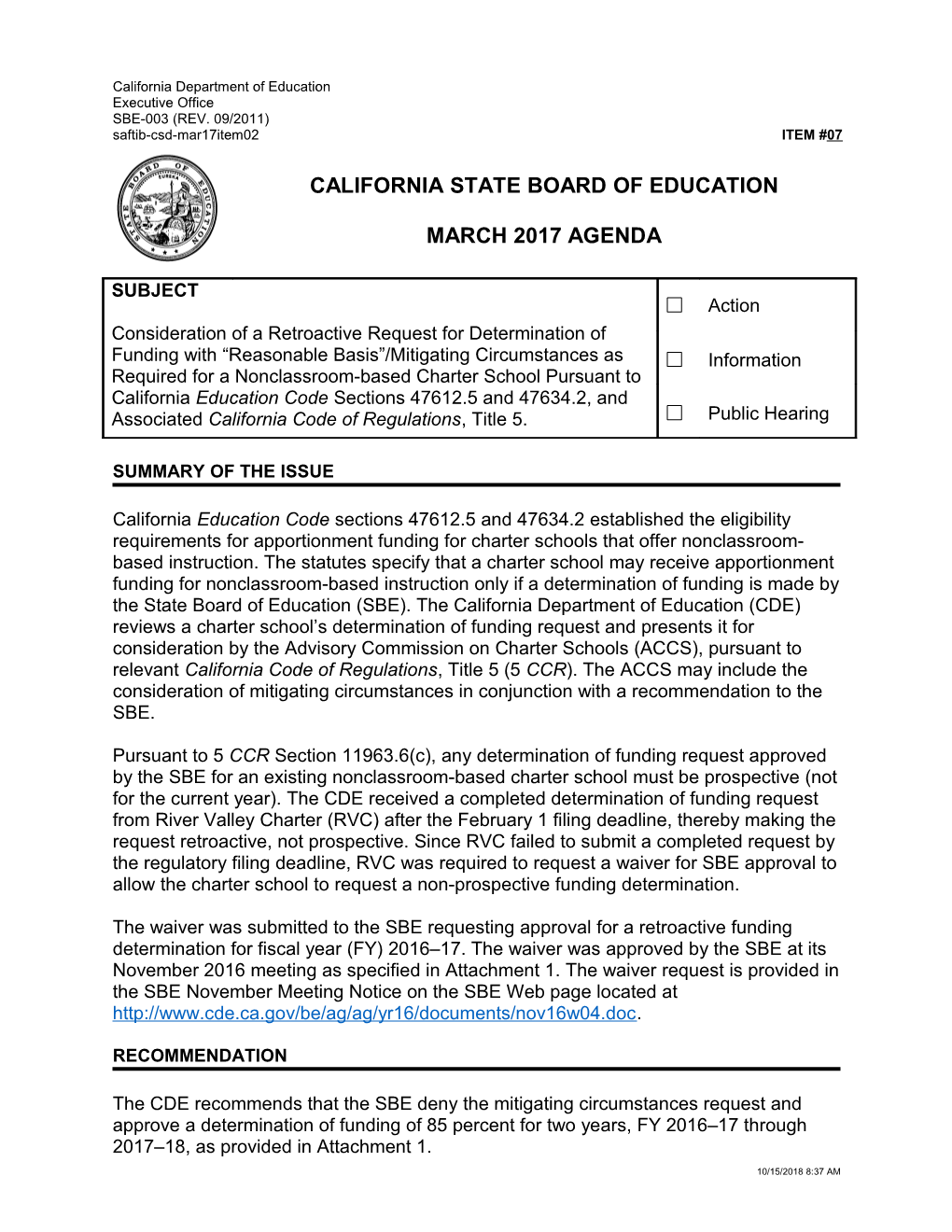 March 2017 Agenda Item 07 - Meeting Agendas (CA State Board of Education)