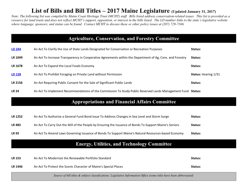List of Bills and Bill Titles 2017 Maine Legislature(Updated January 31, 2017)