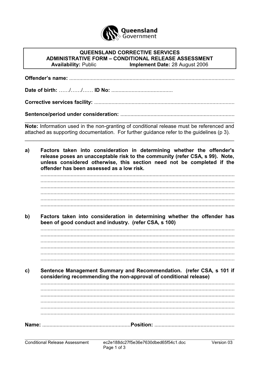 Administrative Form - Conditional Release Assessment - Version 03