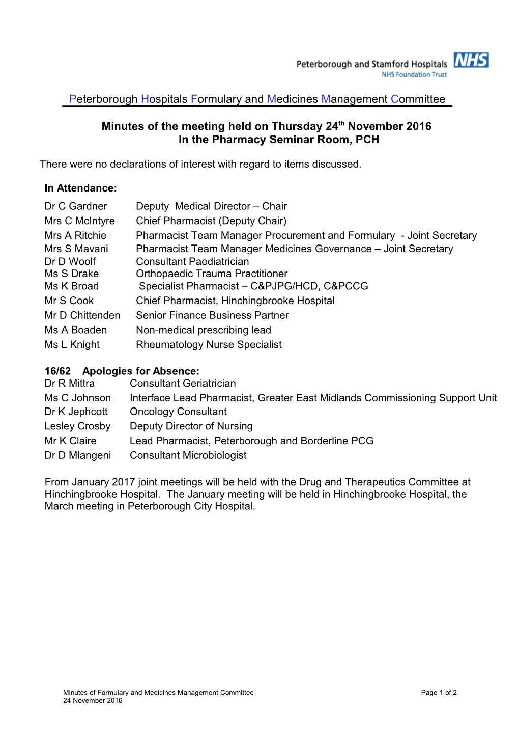 Minutes of the Meeting Held on Thursday 24Th November2016
