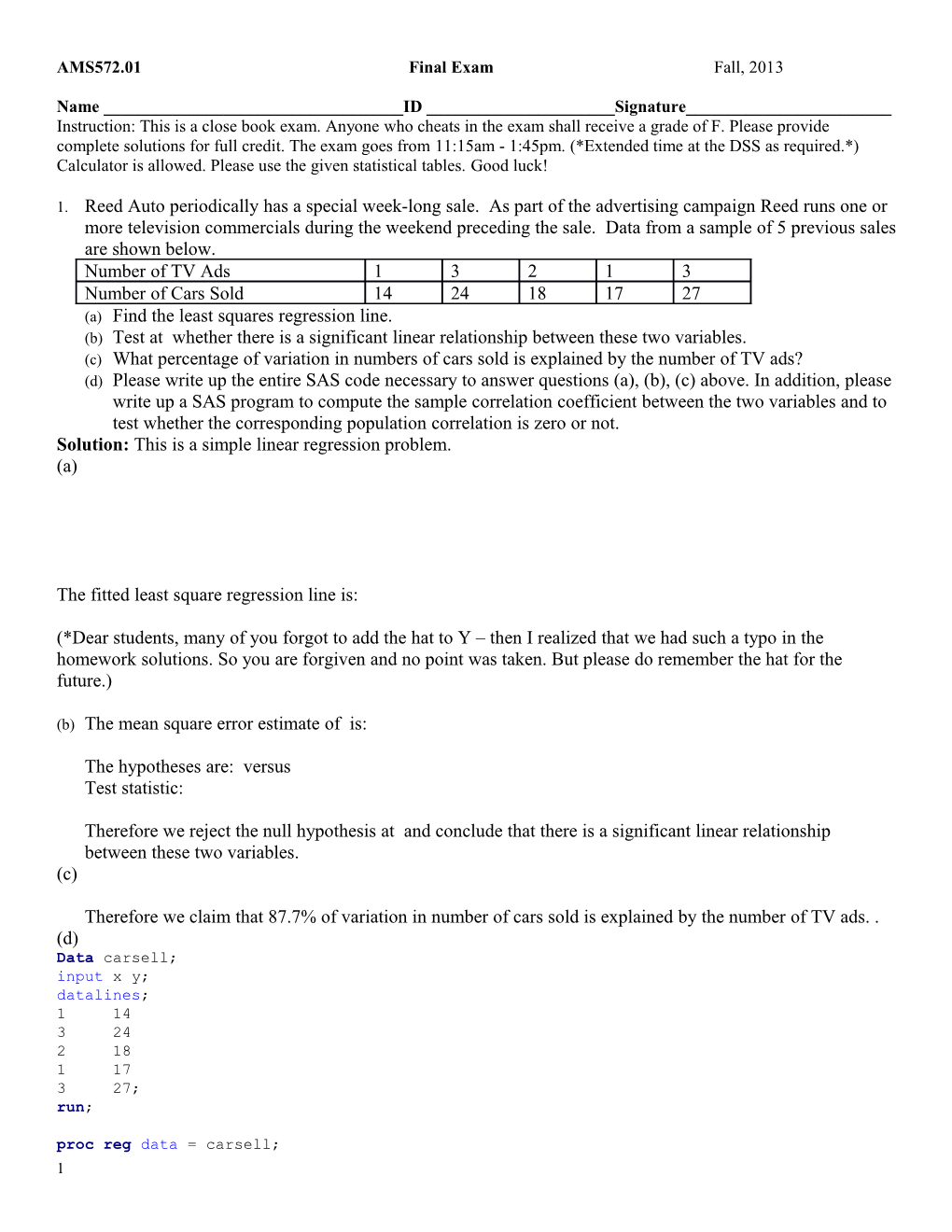 AMS572.01 Final Exam Fall, 2013