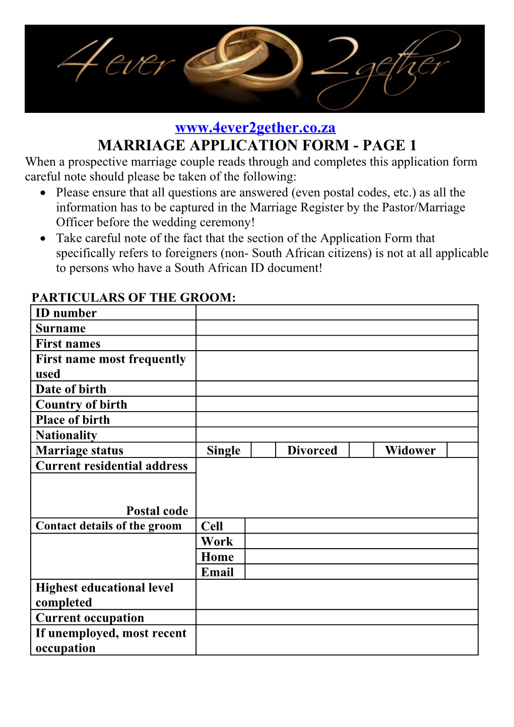 Marriage Application Form - Page 1