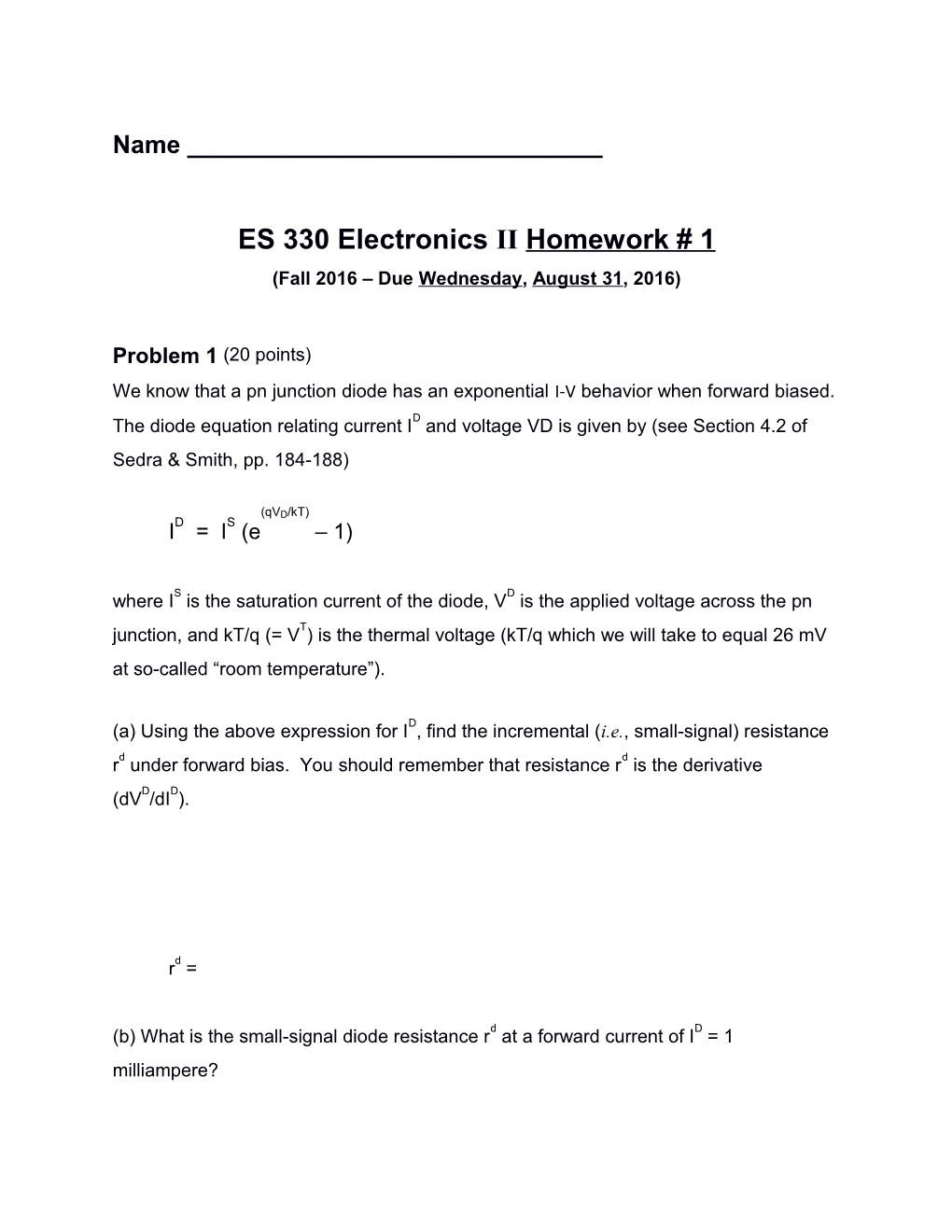 ES 330 Electronics Iihomework #1