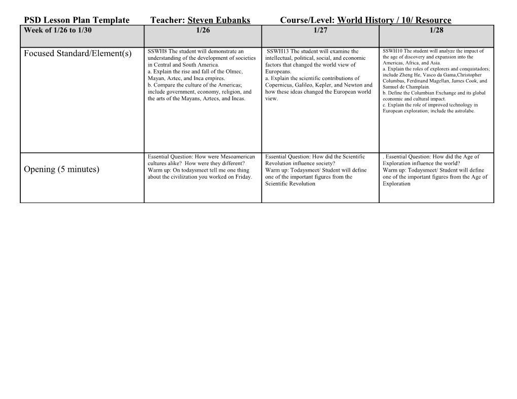 PSD Lesson Plan Template Teacher: Steven Eubanks Course/Level: World History / 10/ Resource