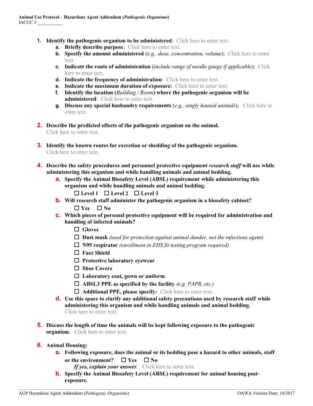 Animal Use Protocol Hazardous Agent Addendum (Pathogenic Organisms)