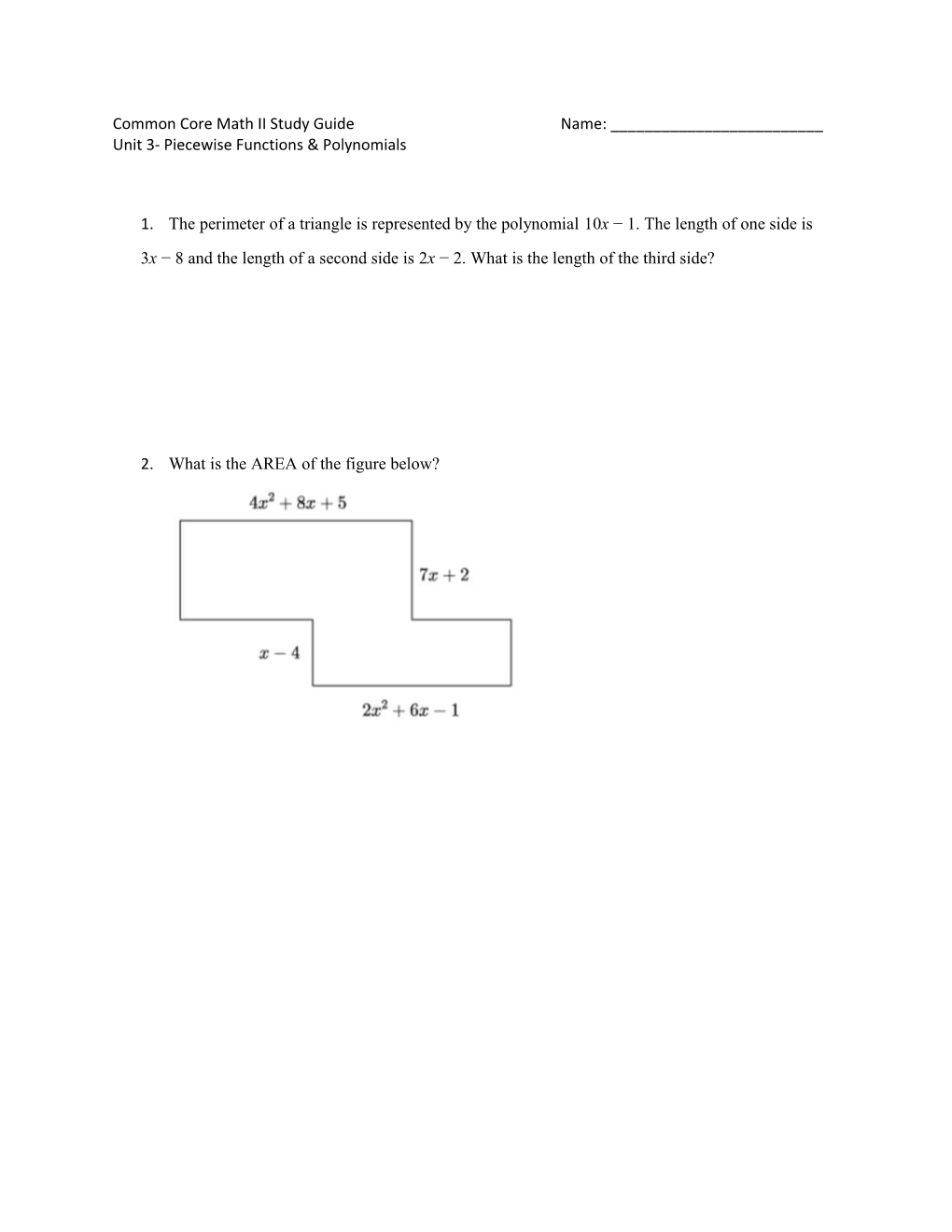 Common Core Math II Study Guidename: ______