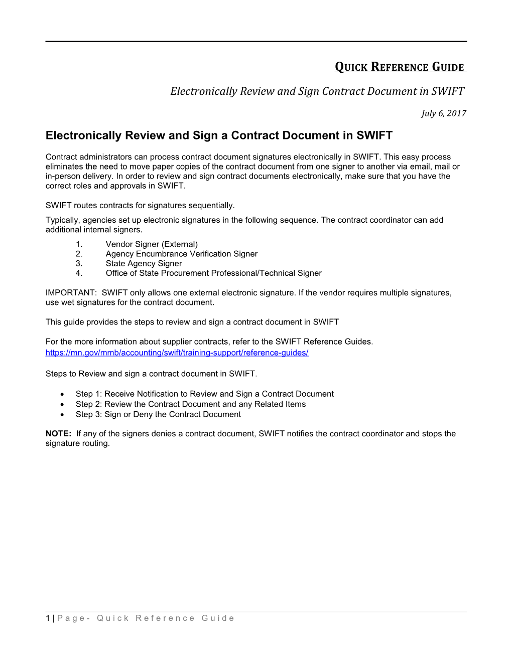 Electronically Review and Sign Contract Document in SWIFT