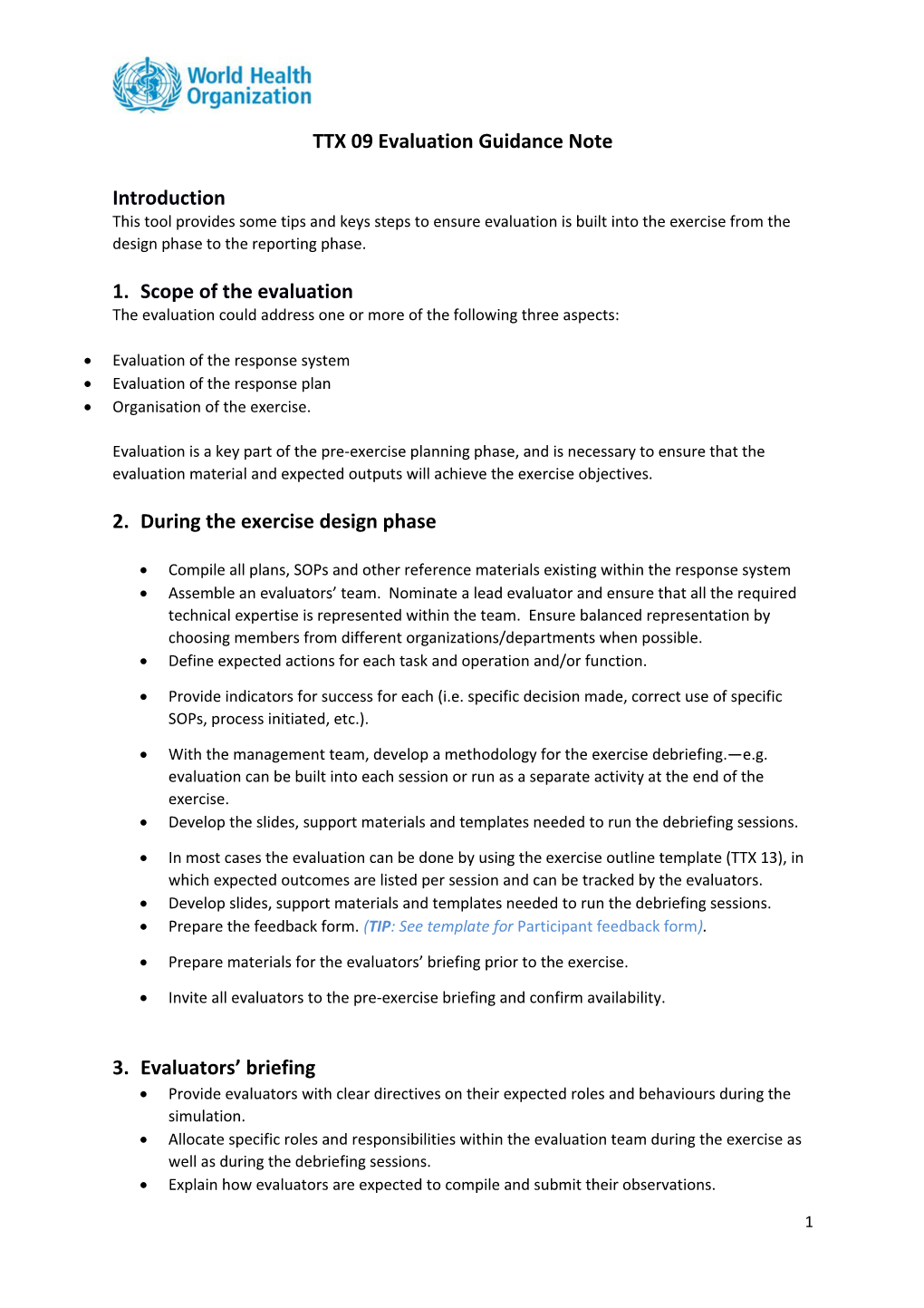 TTX 09 Evaluation Guidance Note