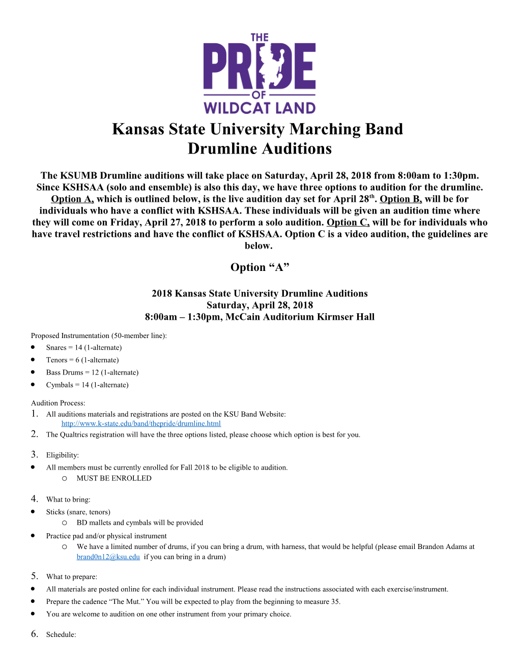 2018 Kansas State University Drumline Auditions