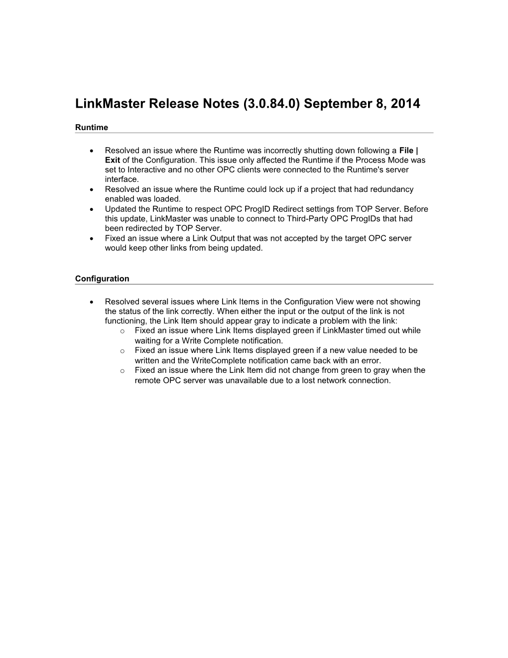 Linkmaster Release Notes (3.0.84.0) September 8, 2014