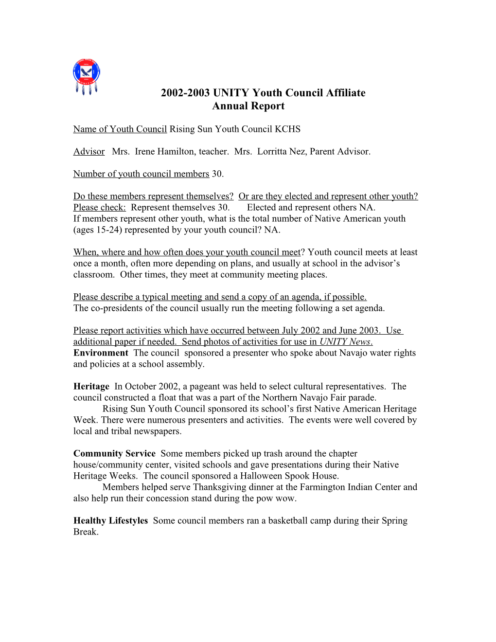 1997-98 UNITY Youth Council Affiliates