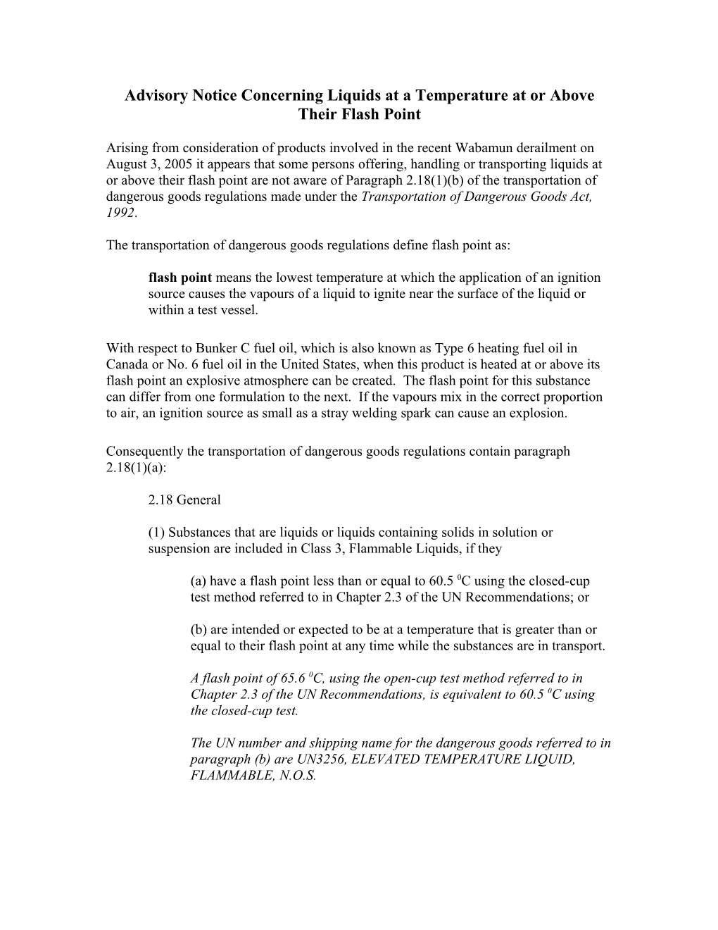 Advisory Notice Concerning Liquids at a Temperature at Or Above Their Flash Point