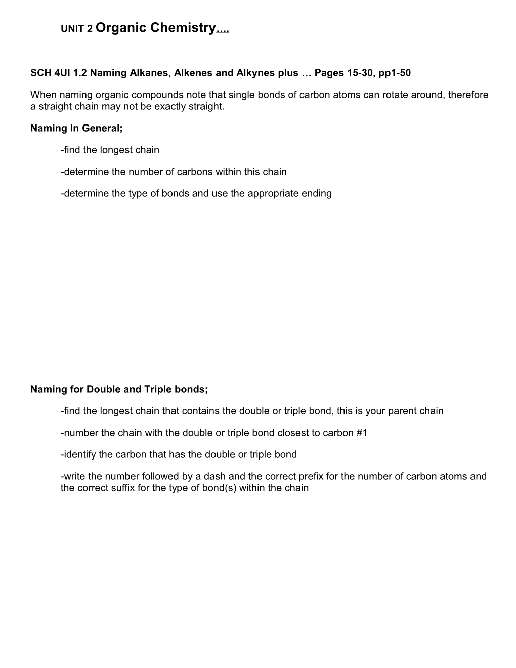 SCH 4UI 1.2 Naming Alkanes, Alkenes and Alkynes Plus Pages 15-30, Pp1-50