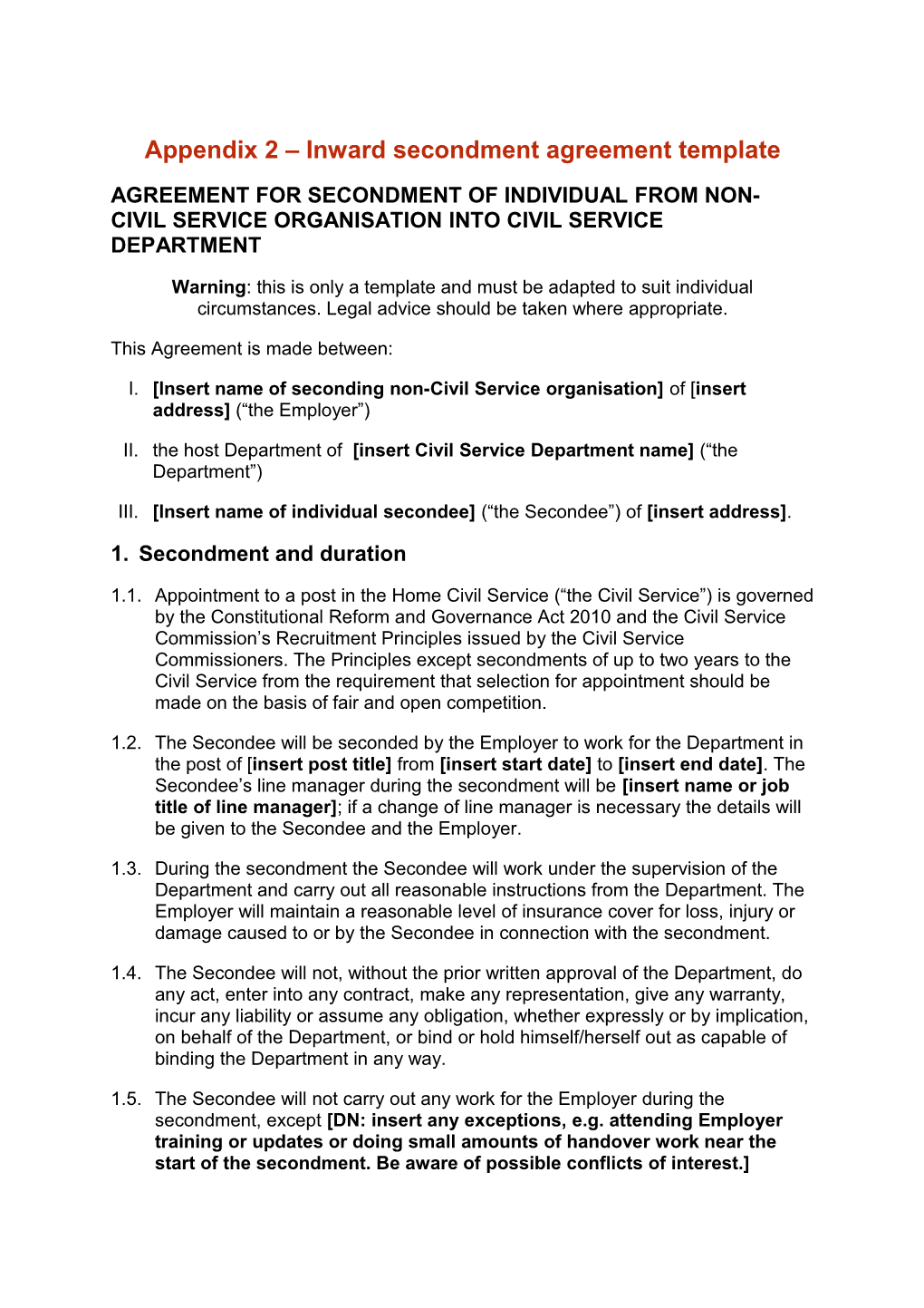 Appendix 2 Inward Secondment Agreement Template