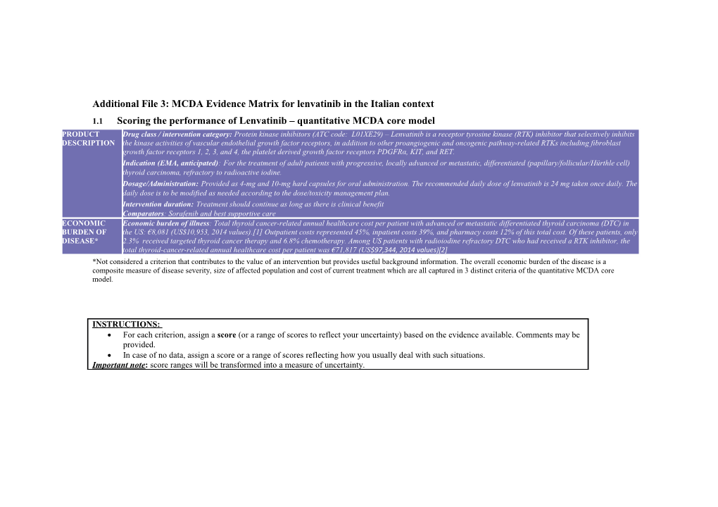 Additional File 3: MCDA Evidence Matrix for Lenvatinib in the Italian Context