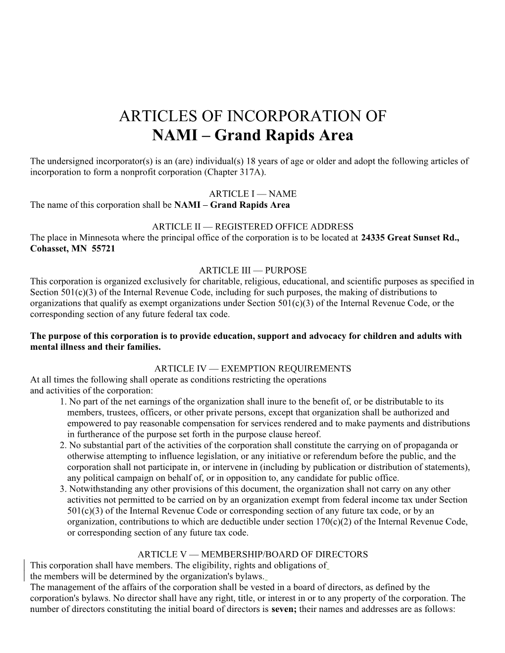 ARTICLES of INCORPORATION of NAMI Region