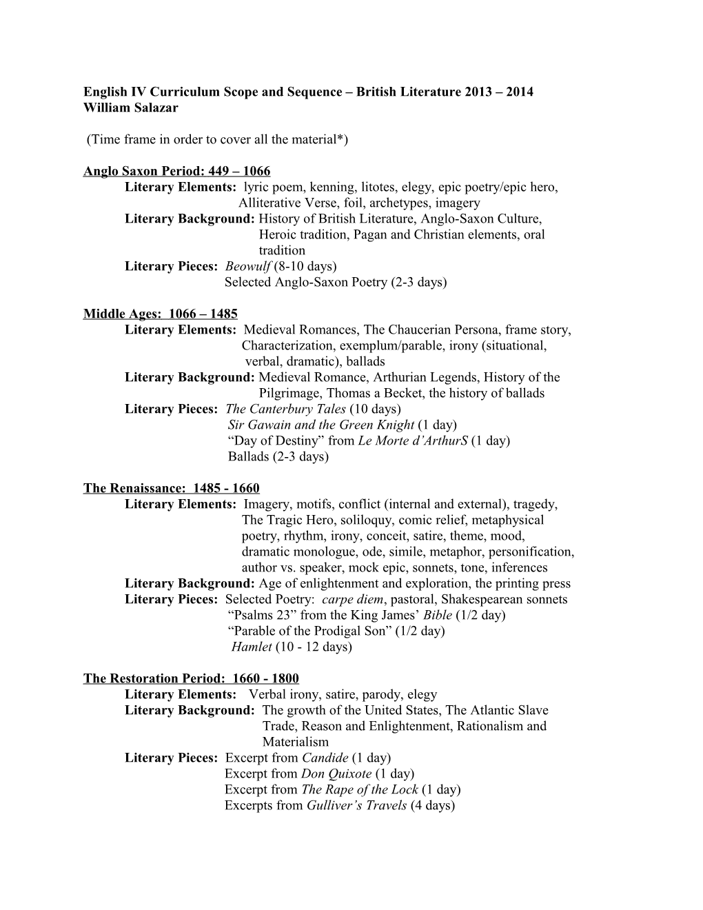 English IV Curriculum Scope and Sequence British Literature 2013 2014