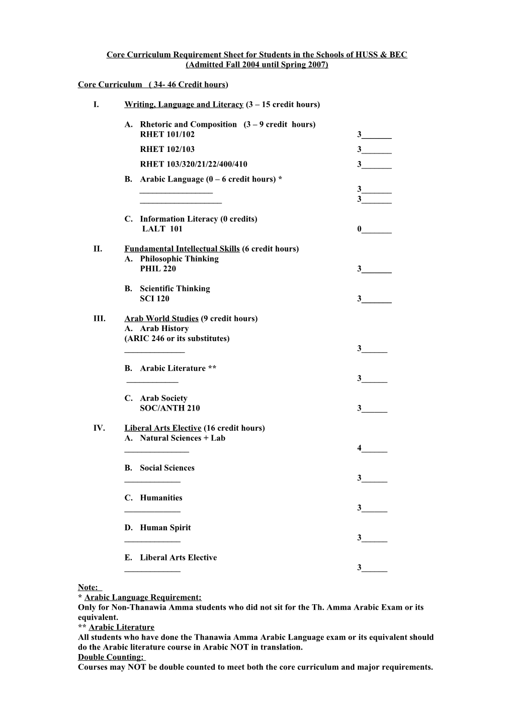 Core Curriculum Requirement Sheet ( Fall 2004 - Summer 2007 )