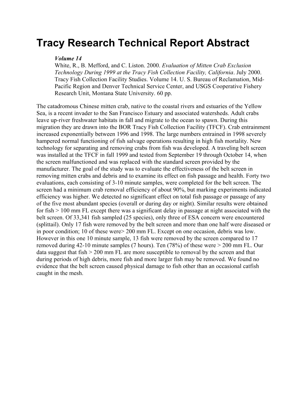 Tracy Research Tech Report Abstract Vol. 14