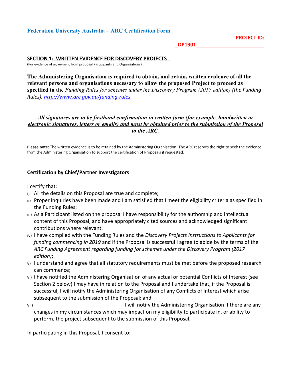 Federation University Australia ARC Certification Form