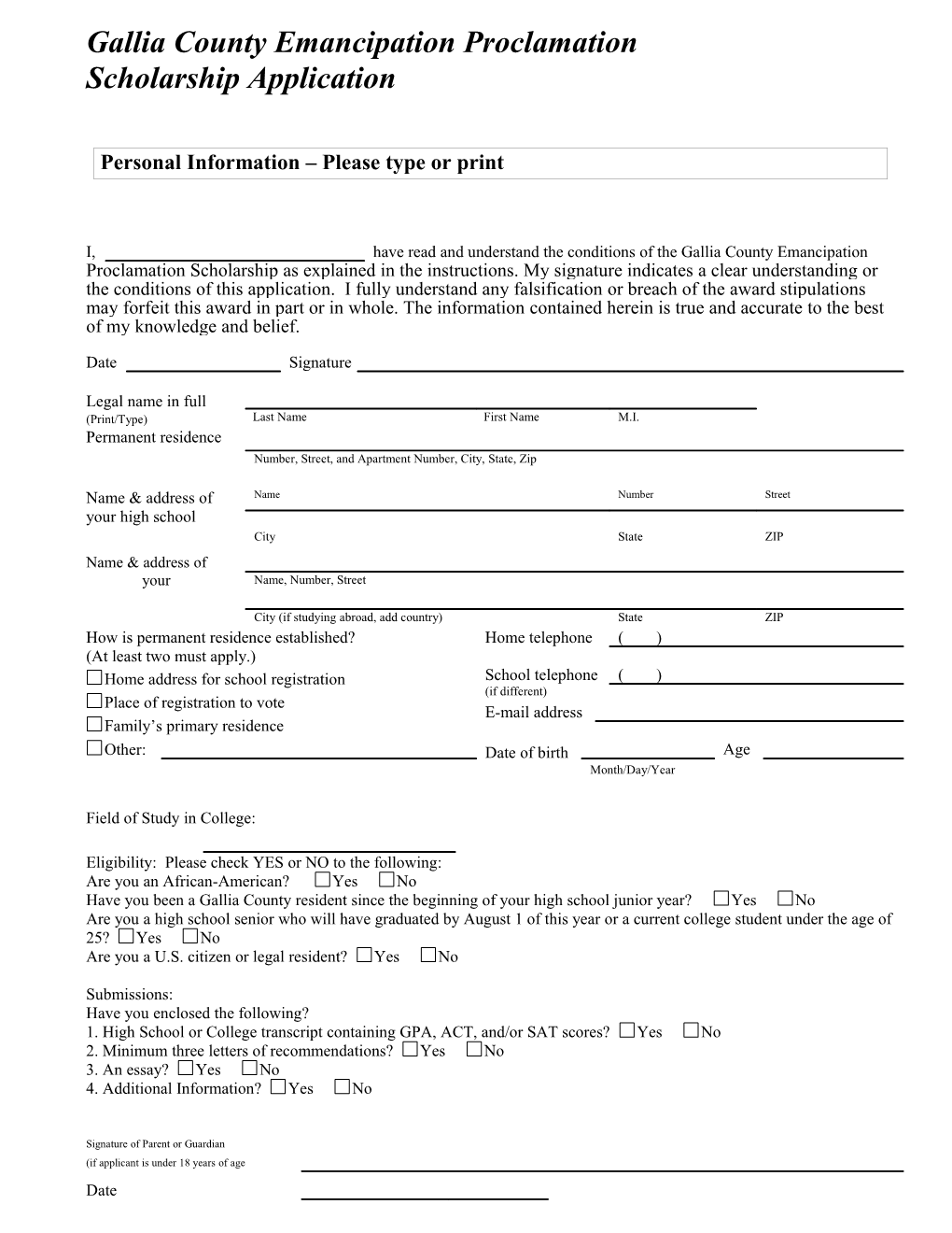 Galliacounty Emancipation Proclamation Scholarship Application