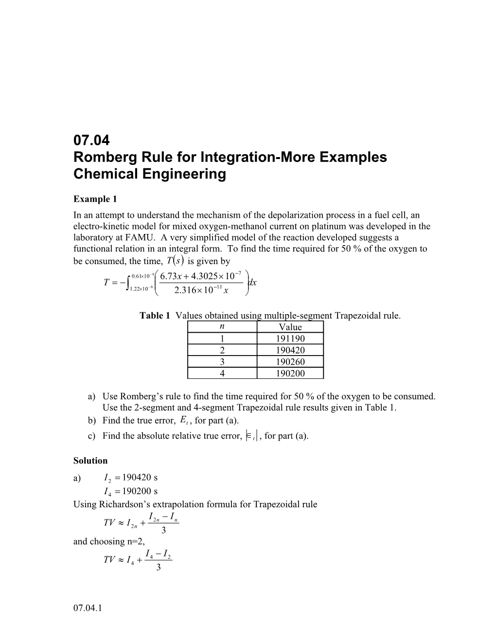 Romberg Rule for Integration-More Examples: Chemical Engineering