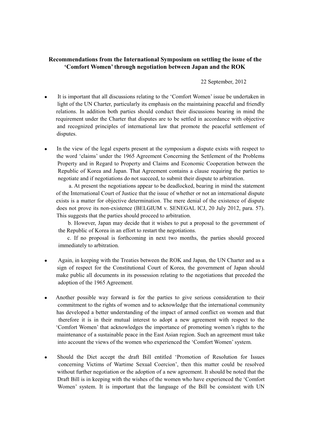 Recommendations from the International Symposium on Settling the Issue of the Comfort Women