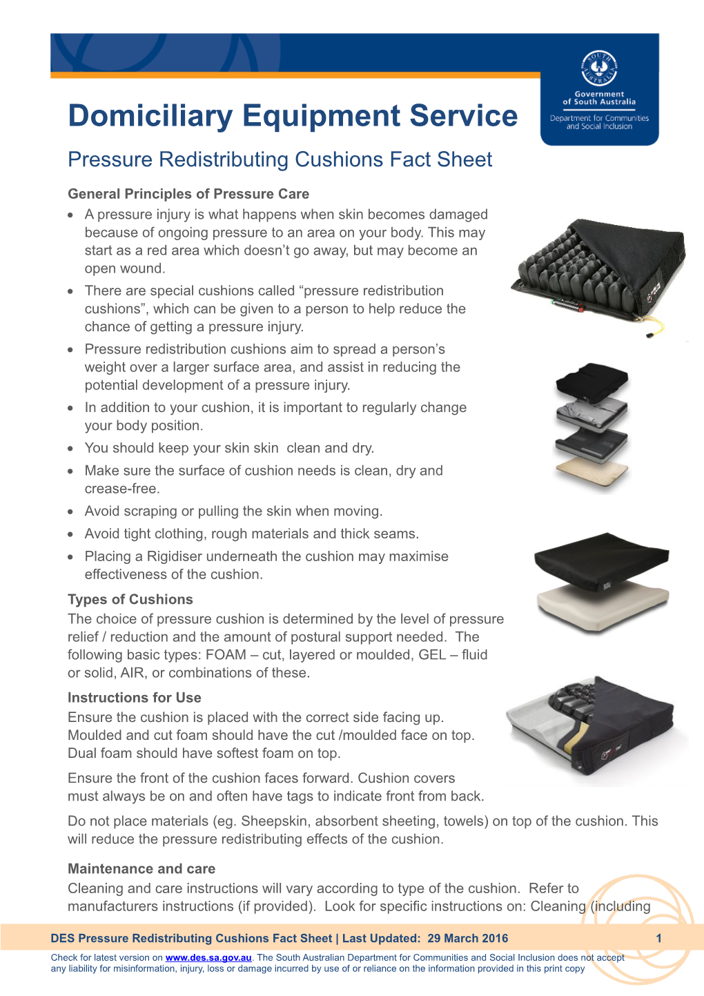 Pressure Redistributing Cushions Fact Sheet