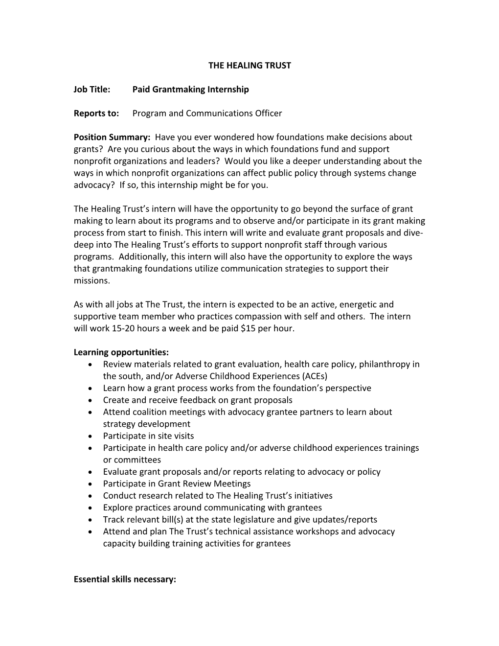Job Title:Paid Grantmaking Internship