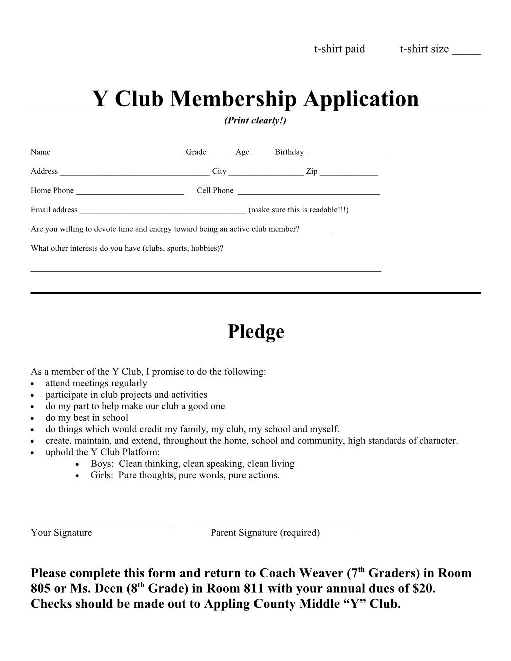 Y Club Membership Application