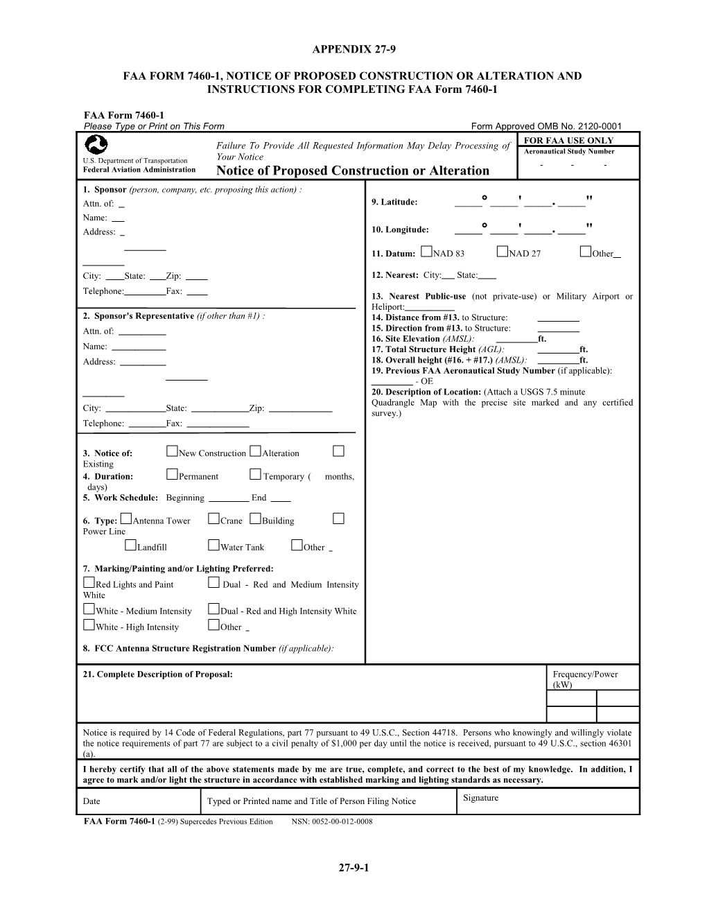 FAA Form 7460-1, Notice of Proposed Construction Or Alteration And