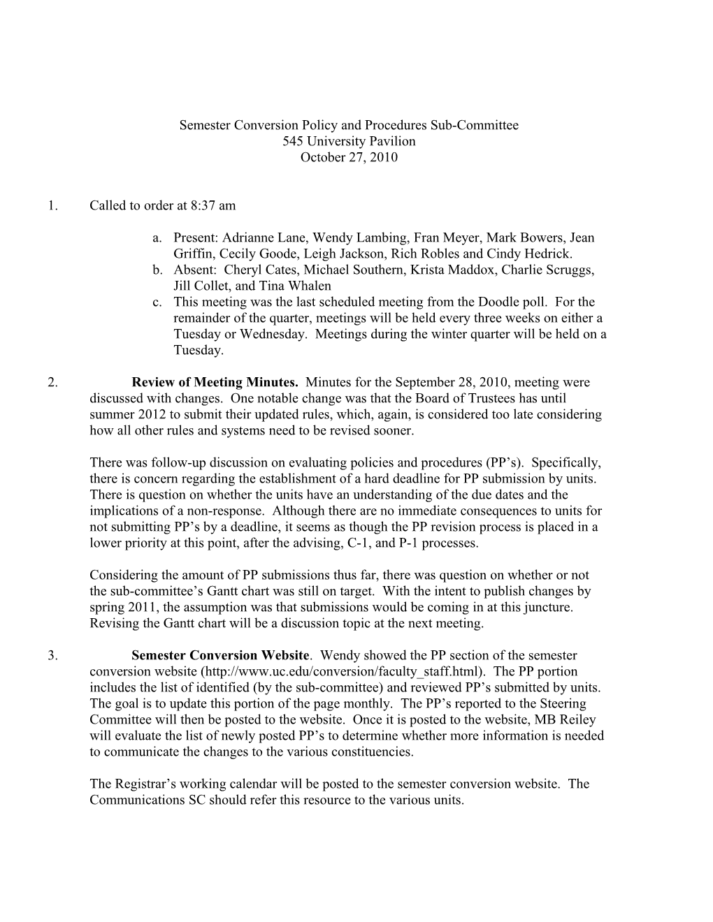 Semester Conversion Policy and Procedures Sub-Committee